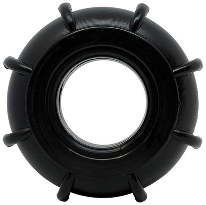 A SodaPup ID Tractor Tire EChew Ultra Durable Nylon Chew & Enrichment Toy, featuring a black rubber wheel with a smooth surface and multiple small protruding spokes along the outer edge, resembles an interactive pet toy and is displayed against a white background.