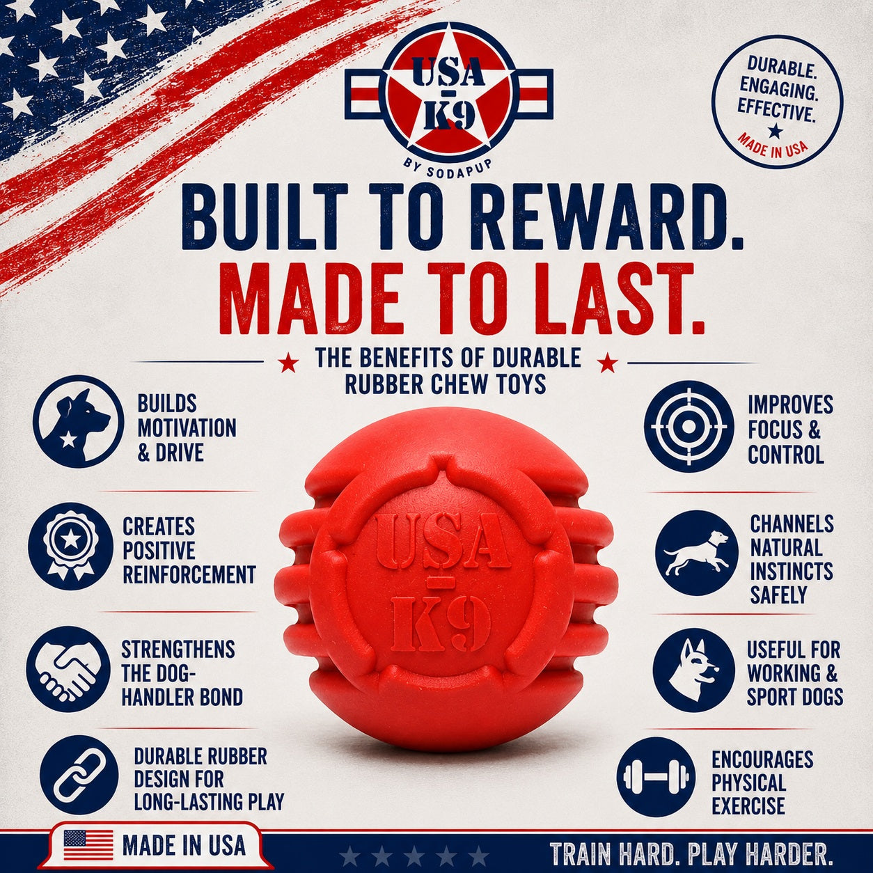 The SodaPup USA-K9 Stars and Stripes Ultra-Durable Rubber Chew Ball is a red rubber toy embossed with "USA K9" that builds motivation, strengthens dog-handler bonds, improves focus, and encourages positive, active play.