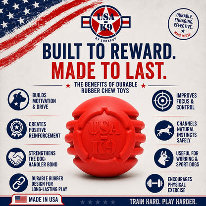 The SodaPup USA-K9 Stars and Stripes Ultra-Durable Rubber Chew Ball is a red rubber toy embossed with "USA K9" that builds motivation, strengthens dog-handler bonds, improves focus, and encourages positive, active play.