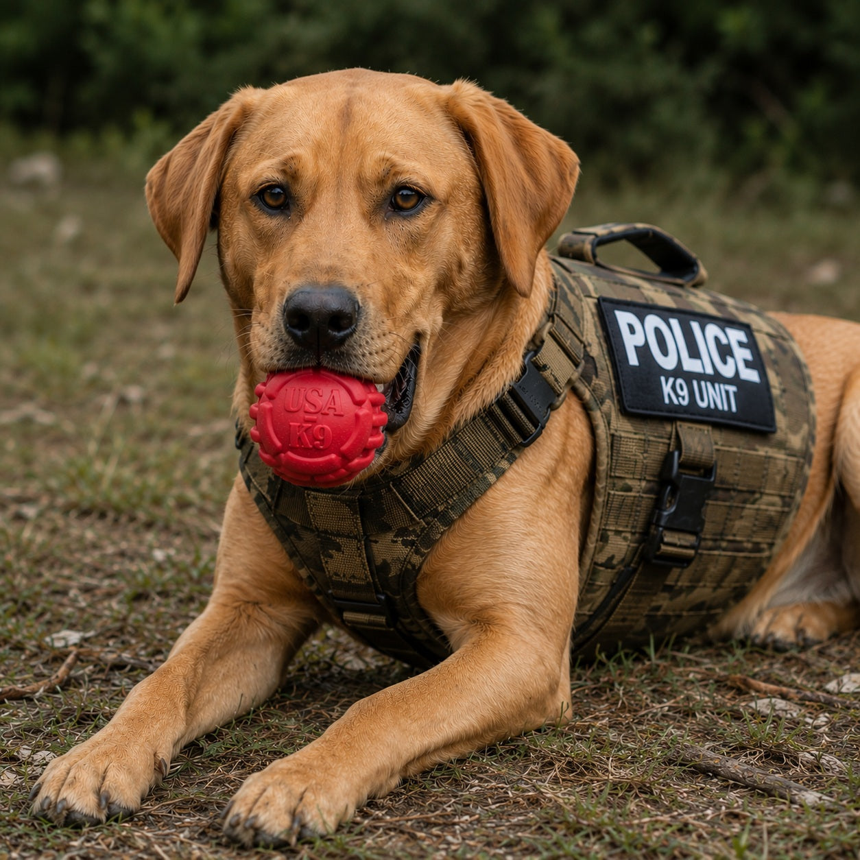 A brown police dog wearing a "POLICE K9 UNIT" vest lies on grass, holding a SodaPup USA-K9 Stars and Stripes Ultra-Durable Rubber Chew Ball in its mouth.