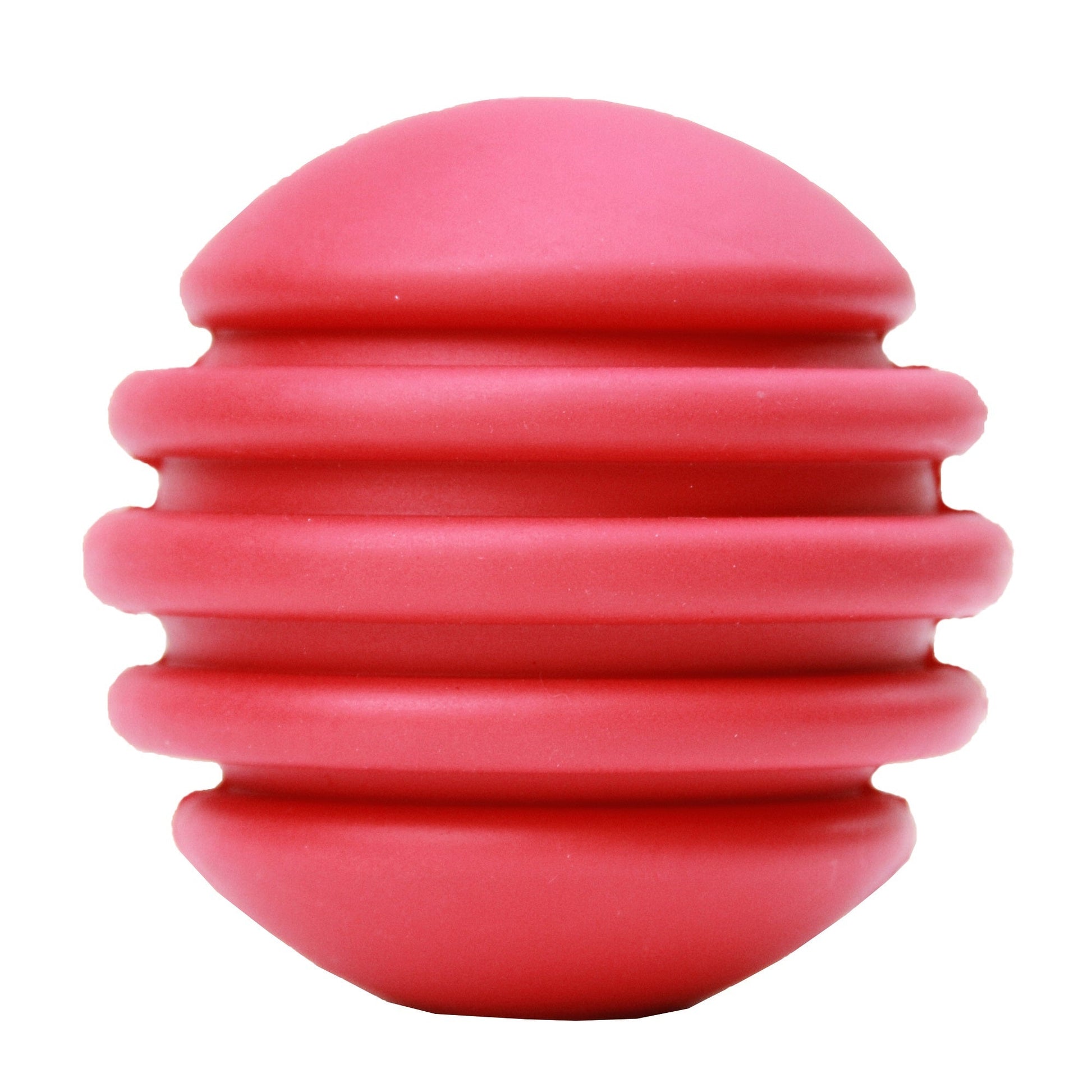The SodaPup USA-K9 Stars and Stripes Ultra-Durable Rubber Chew Ball is a red, textured dog toy with three evenly spaced grooves for extra grip—perfect for energetic pups who love to chew.