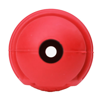 The SodaPup USA-K9 Stars and Stripes Ultra-Durable Rubber Chew Ball is a round, red dog toy with a central hole, smooth surface, and tough construction—ideal for playtime and built to withstand power chewers.