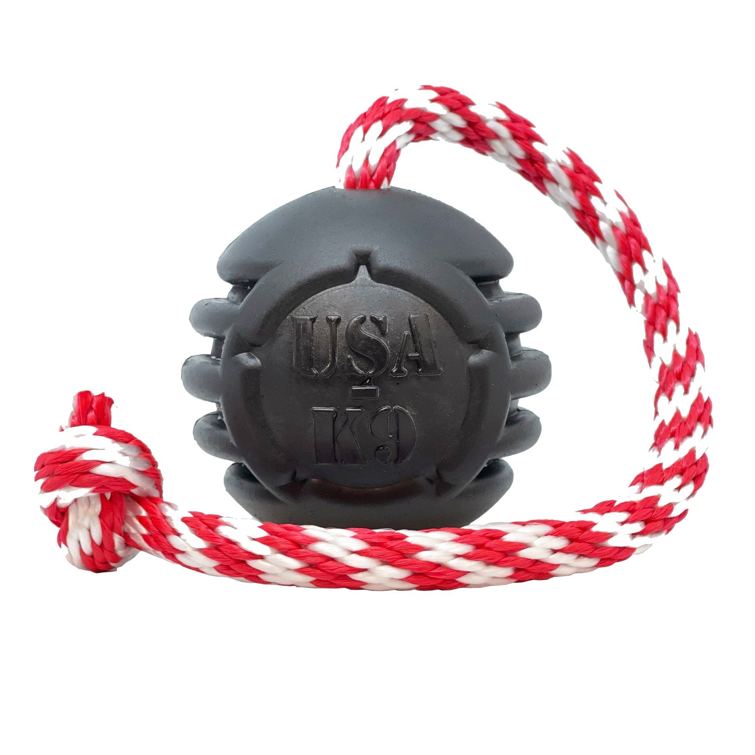 The SodaPup USA-K9 Magnum Black Stars and Stripes Ultra-Durable Rubber Chew Toy features a tough black ball on a red and white braided rope, making it ideal for power chewers who love tugging, fetching, and rewarding play.