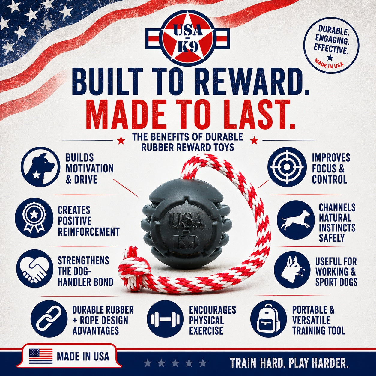 A graphic for SodaPup’s USA-K9 Magnum Black Stars and Stripes Ultra-Durable Rubber Chew, Reward, Tug, and Retrieving Toy highlights its durability, versatility, and bonding benefits. The image shows a black rubber ball with a red and white rope.