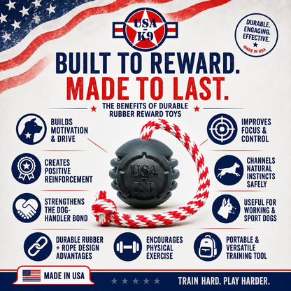 A graphic for SodaPup’s USA-K9 Magnum Black Stars and Stripes Ultra-Durable Rubber Chew, Reward, Tug, and Retrieving Toy highlights its durability, versatility, and bonding benefits. The image shows a black rubber ball with a red and white rope.