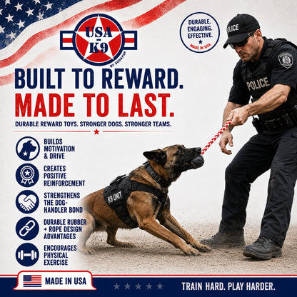 A police officer plays tug-of-war with a K9 using the SodaPup USA-K9 Magnum Black Stars and Stripes Ultra-Durable Rubber Chew Toy, showcasing its “Made in USA” quality, plus benefits like motivation, bonding, and exercise.