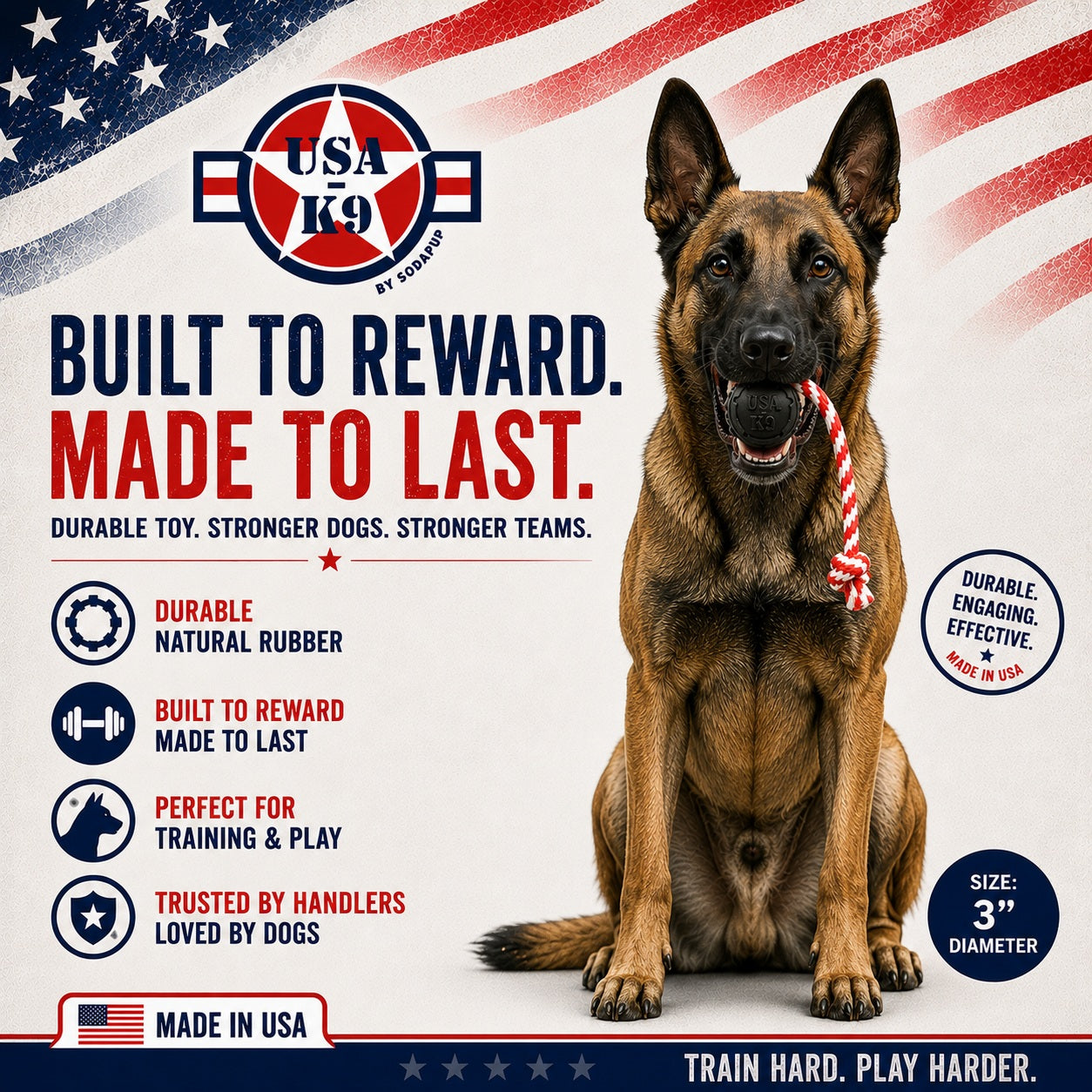 A Belgian Malinois holds the SodaPup USA-K9 Magnum Black Stars and Stripes Ultra-Durable Rubber Chew Toy in its mouth. Made in the USA for power chewers, this durable reward, tug, and retrieving toy features a patriotic design.
