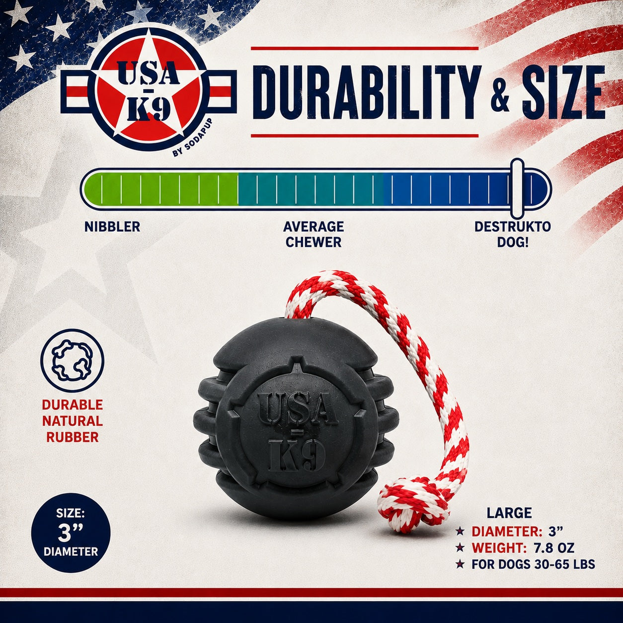The SodaPup USA-K9 Magnum Black Stars and Stripes is a 3" round, ultra-durable rubber chew, tug, and retrieving toy (7.8 oz) with a red-and-white rope handle, ideal as a dental dog toy for power chewers 30–65 lbs.