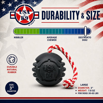 The SodaPup USA-K9 Magnum Black Stars and Stripes is a 3" round, ultra-durable rubber chew, tug, and retrieving toy (7.8 oz) with a red-and-white rope handle, ideal as a dental dog toy for power chewers 30–65 lbs.