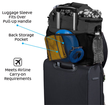 A stacked luggage setup displays the Mobile Dog Gear Large Week Away® Tote Bag connected to a suitcase, ideal for pet travel. The tote includes a sleeve that fits over the suitcase handle, features a back storage pocket, and comes with collapsible bowls, all while complying with airline carry-on regulations.