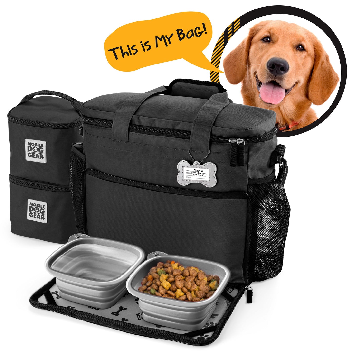 The Large Week Away® Tote Bag, part of Mobile Dog Gear's innovative pet luggage system, features a black design with pockets and a mesh holder. On the front, two collapsible bowls store food and water, while a speech bubble beside a dog's photo declares, "This is My Bag!