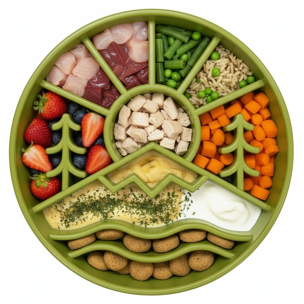 The SodaPup Great Outdoors Design EBowl Enrichment Slow Feeder Bowl for Dogs holds cubed raw fish, veggies, berries, white meat, sauces, and biscuits—arranged to encourage healthy, slower eating for your dog.