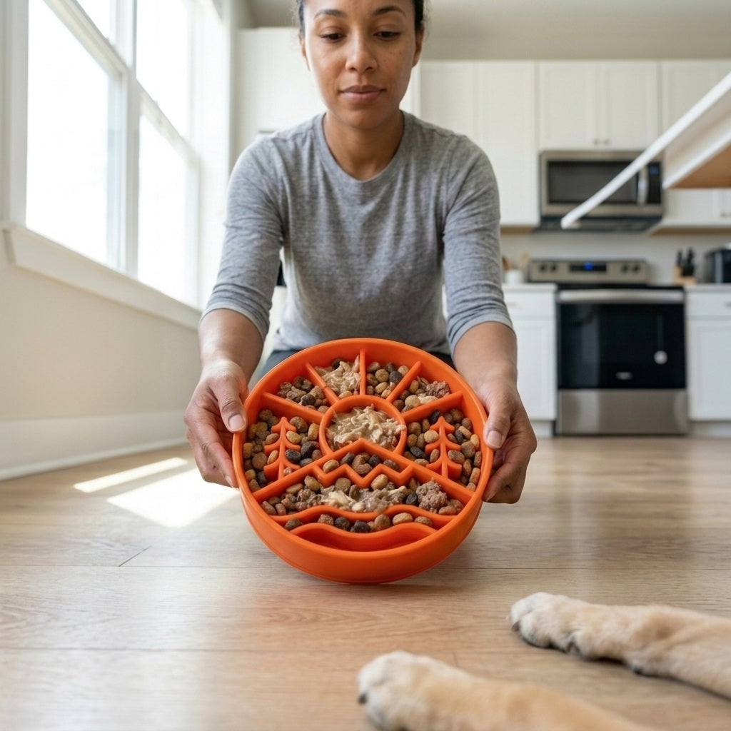 A woman kneels on the kitchen floor, holding a SodaPup Great Outdoors Design EBowl Enrichment Slow Feeder Bowl for Dogs filled with food. A dog’s eager paws are visible in the foreground as natural light fills the room.