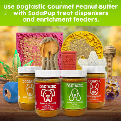 SodaPup's Dogtastic gourmet peanut butter for dogs - Pumpkin & Honey Flavor with SodaPup treat dispensers and enrichment feeders, MADE IN USA and offering 100% nutritional benefits.