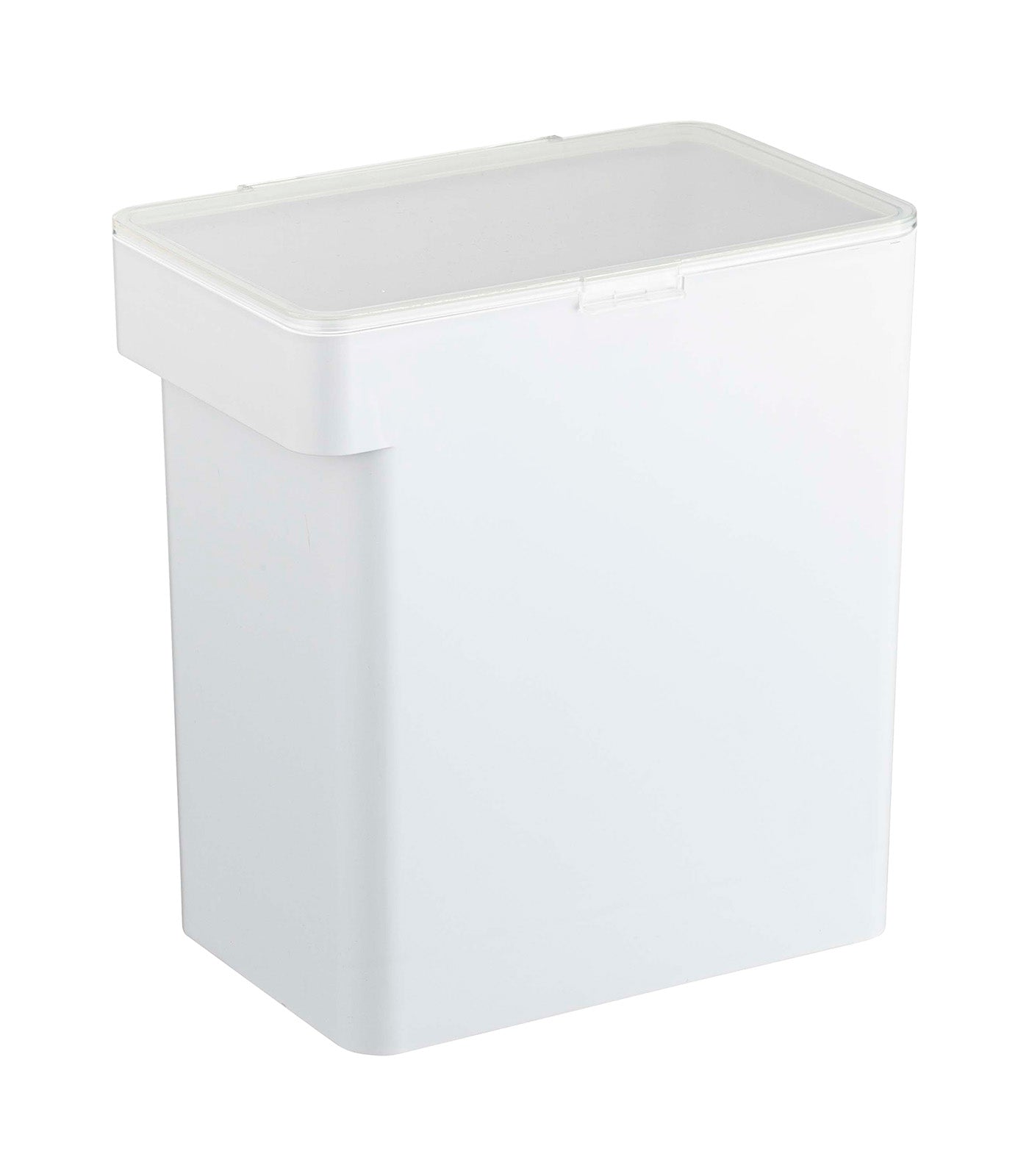 A simple white Yamazaki Home airtight pet food container with a clear lid, isolated on a white background.