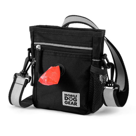 A black Day or Night Walking Bag with a red Mobile Dog Gear bag attached to it, perfect for dog walking during the night.