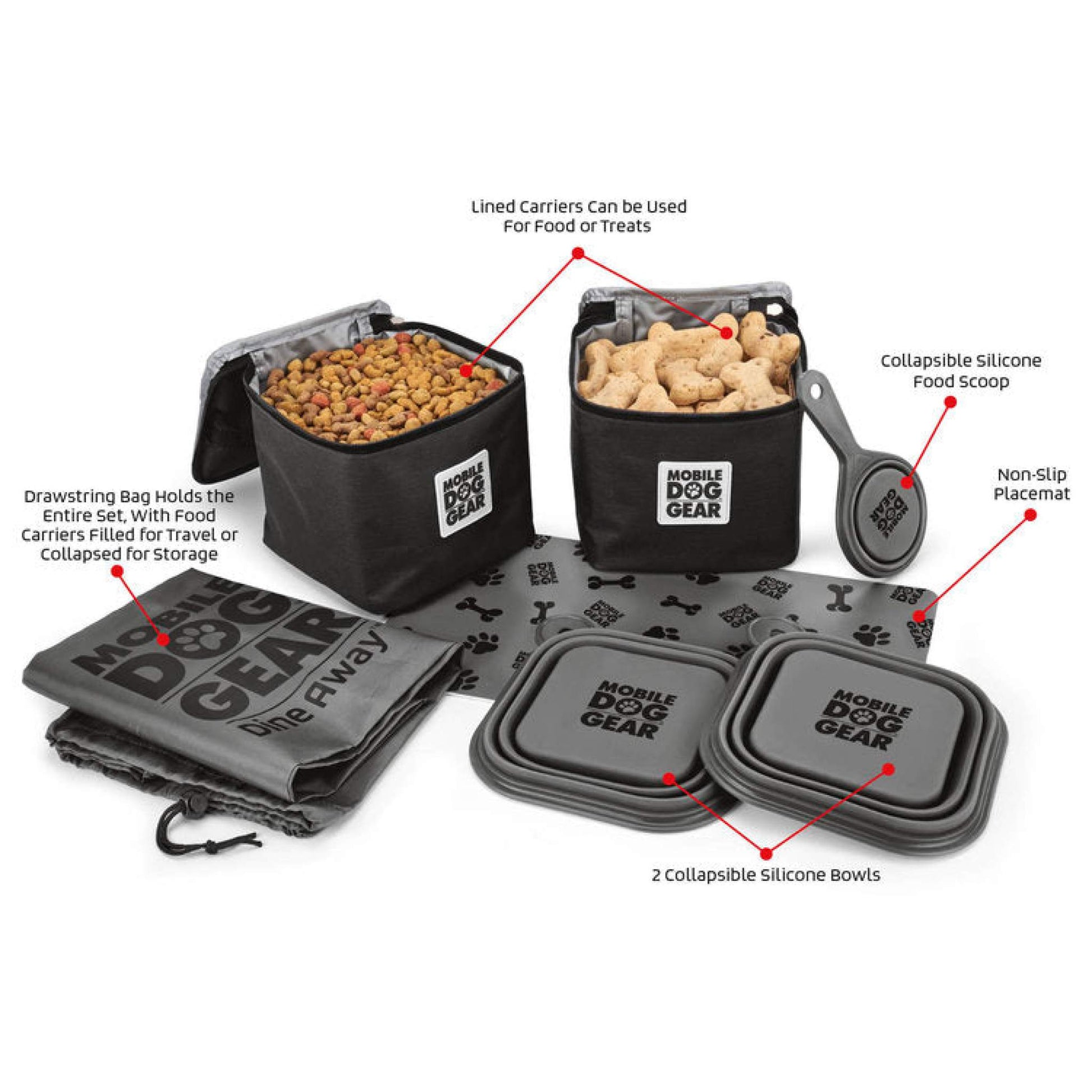 A set of Mobile Dog Gear Dine Away® Food Set including two collapsible silicone bowls, a non-slip placemat, lined carriers for food or treats, drawstring bag, and a collapsible food scoop.