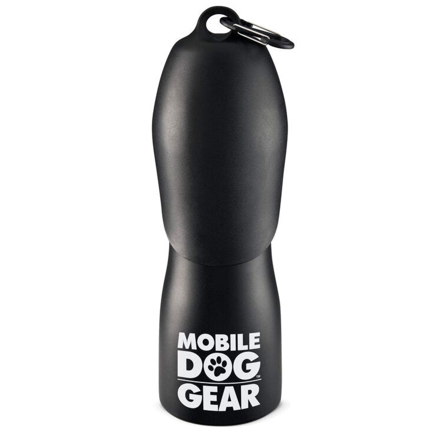 A 25-ounce stainless steel dog water bottle in black, featuring the words "Mobile Dog Gear" and a paw print logo printed in white on the front. This portable dog drinking bottle is equipped with a carabiner attached to the lid for easy carrying. The sleek design makes it suitable for outdoor use with dogs.