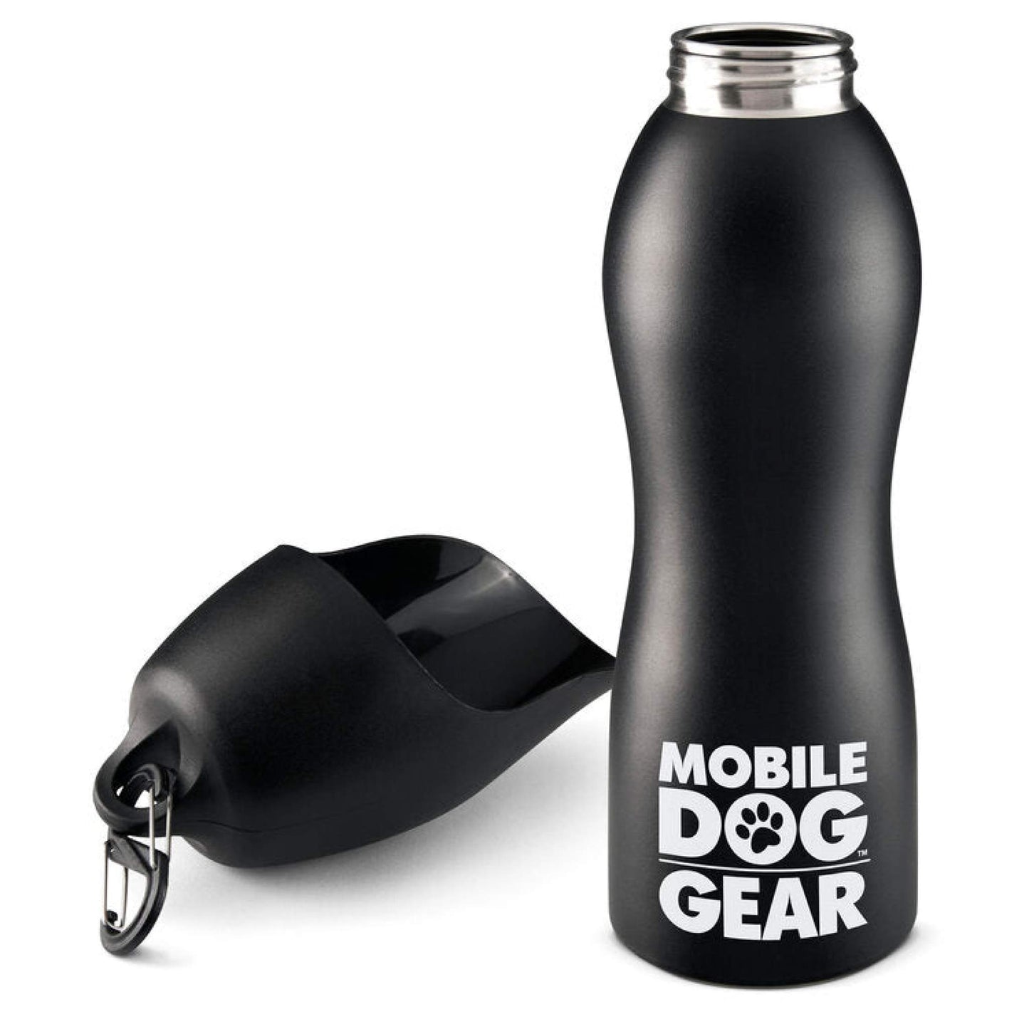 A Mobile Dog Gear Stainless Steel Dog Water Bottle, 25 ounces, featuring a detachable bowl with a metal rim and a carabiner-attached bowl lid, is designed for easy portability.