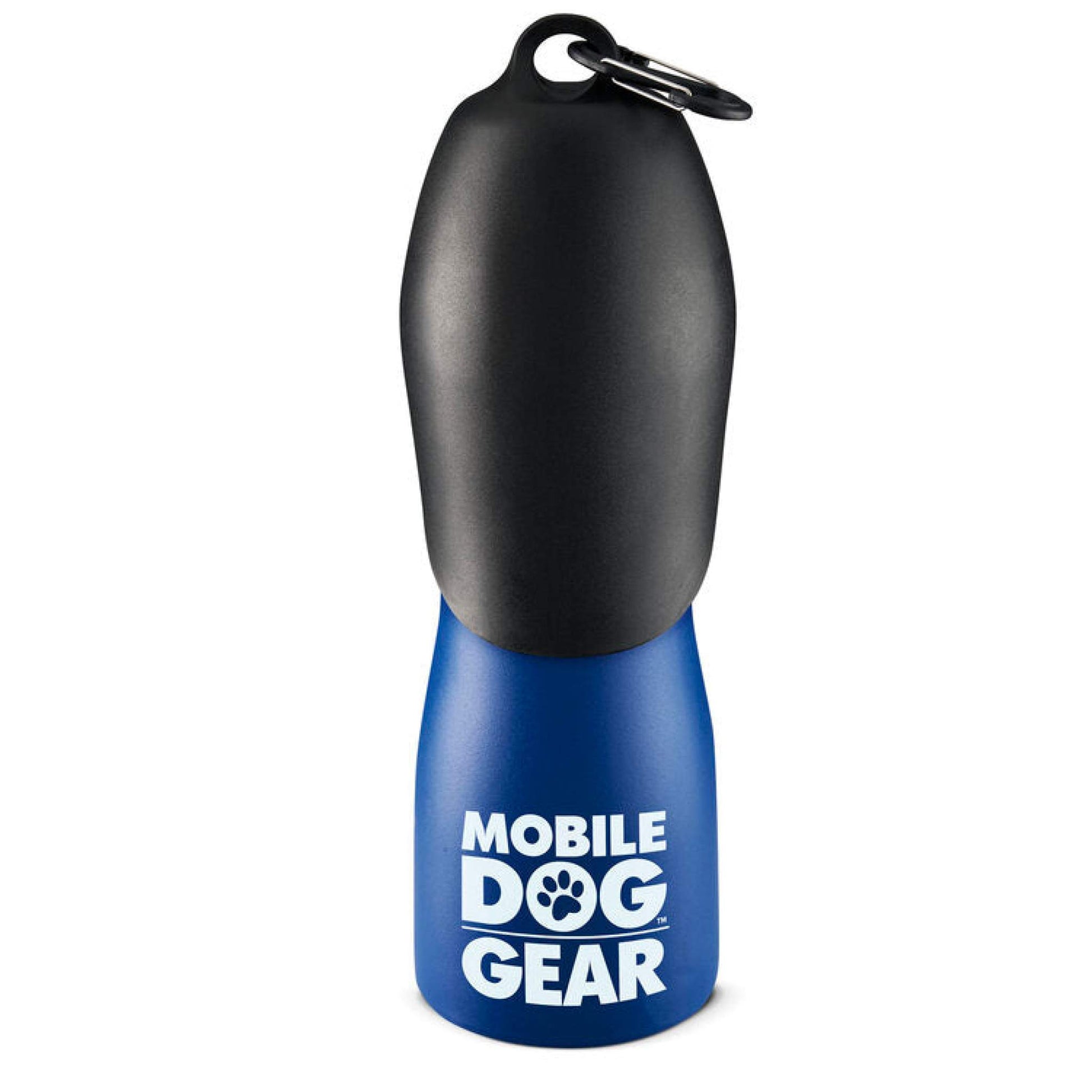 A blue and black Stainless Steel Dog Water Bottle from Mobile Dog Gear, featuring a carabiner clip on the top. The bottle has "Mobile Dog Gear" printed in white letters along with a paw print symbol.