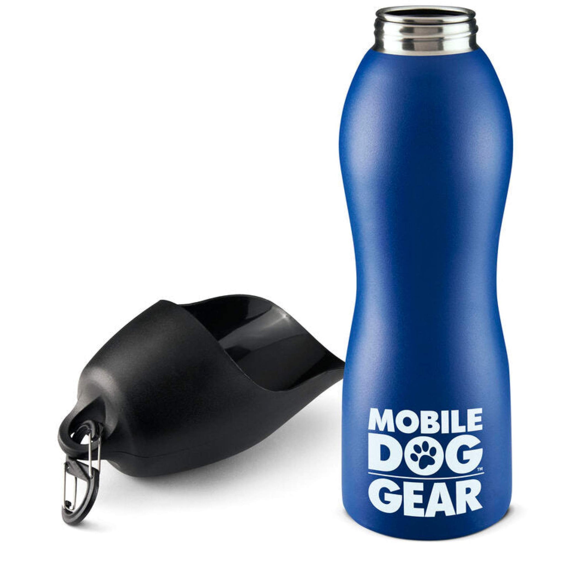 A 25-ounce blue "Mobile Dog Gear" stainless steel dog water bottle with a black detachable bowl and metal carabiner, designed for convenient hydration for dogs on the go.