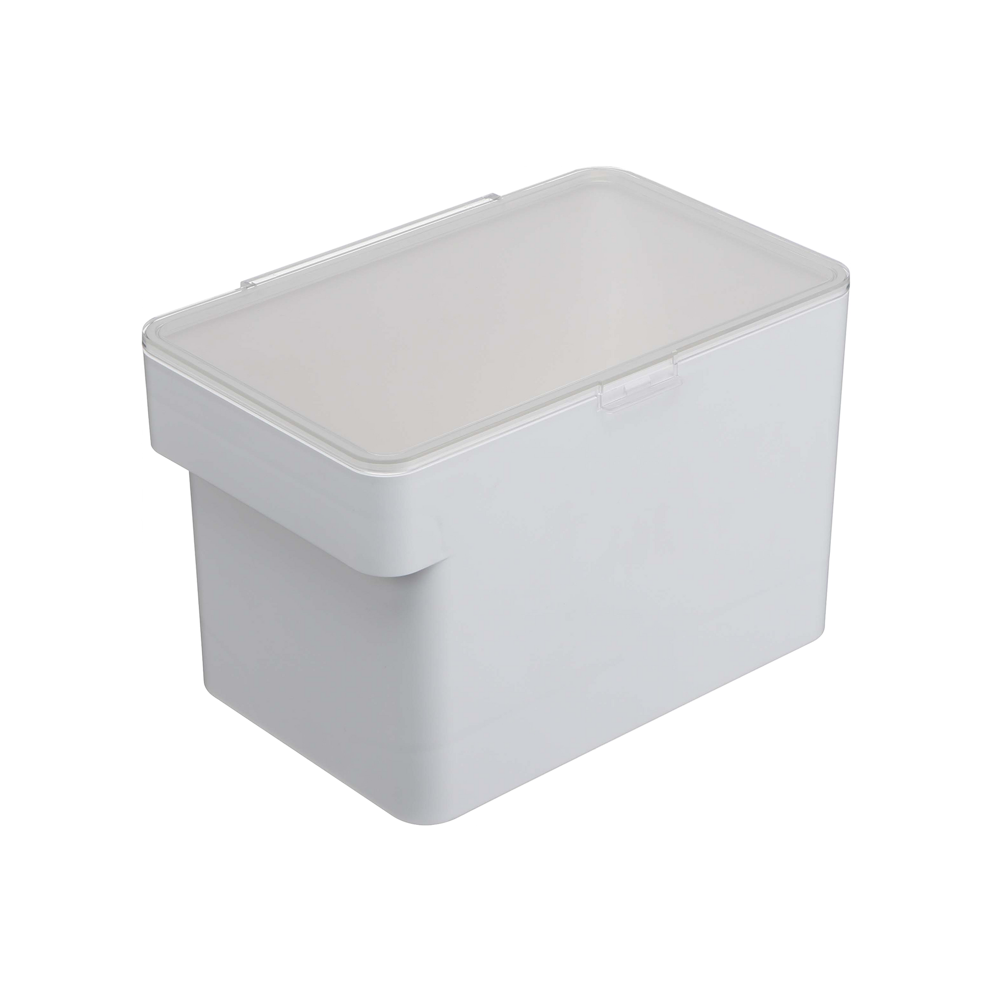 A white, rectangular plastic pet food container from Yamazaki Home, featuring an airtight seal and a translucent lid, available in three sizes.