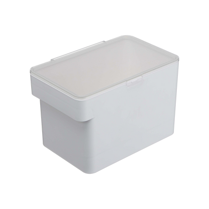 A white, rectangular plastic pet food container from Yamazaki Home, featuring an airtight seal and a translucent lid, available in three sizes.