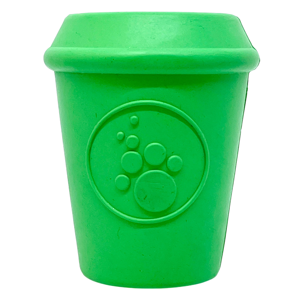 The SodaPup Coffee Cup EDispenser is a bright green, durable rubber chew toy and treat dispenser for dogs, shaped like a cup with a raised paw print on the front, shown against a plain white background.