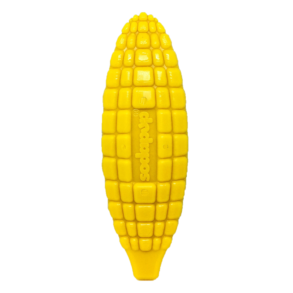 The SodaPup Corn on the Cob EChew Ultra Durable Nylon Dog Chew Toy features a realistic, bright yellow corn design with the brand name embossed in the center, set against a plain white background.