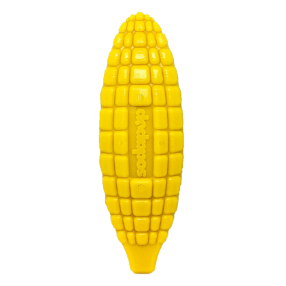 The SodaPup Corn on the Cob EChew Ultra Durable Nylon Dog Chew Toy features a realistic, bright yellow corn design with the brand name embossed in the center, set against a plain white background.