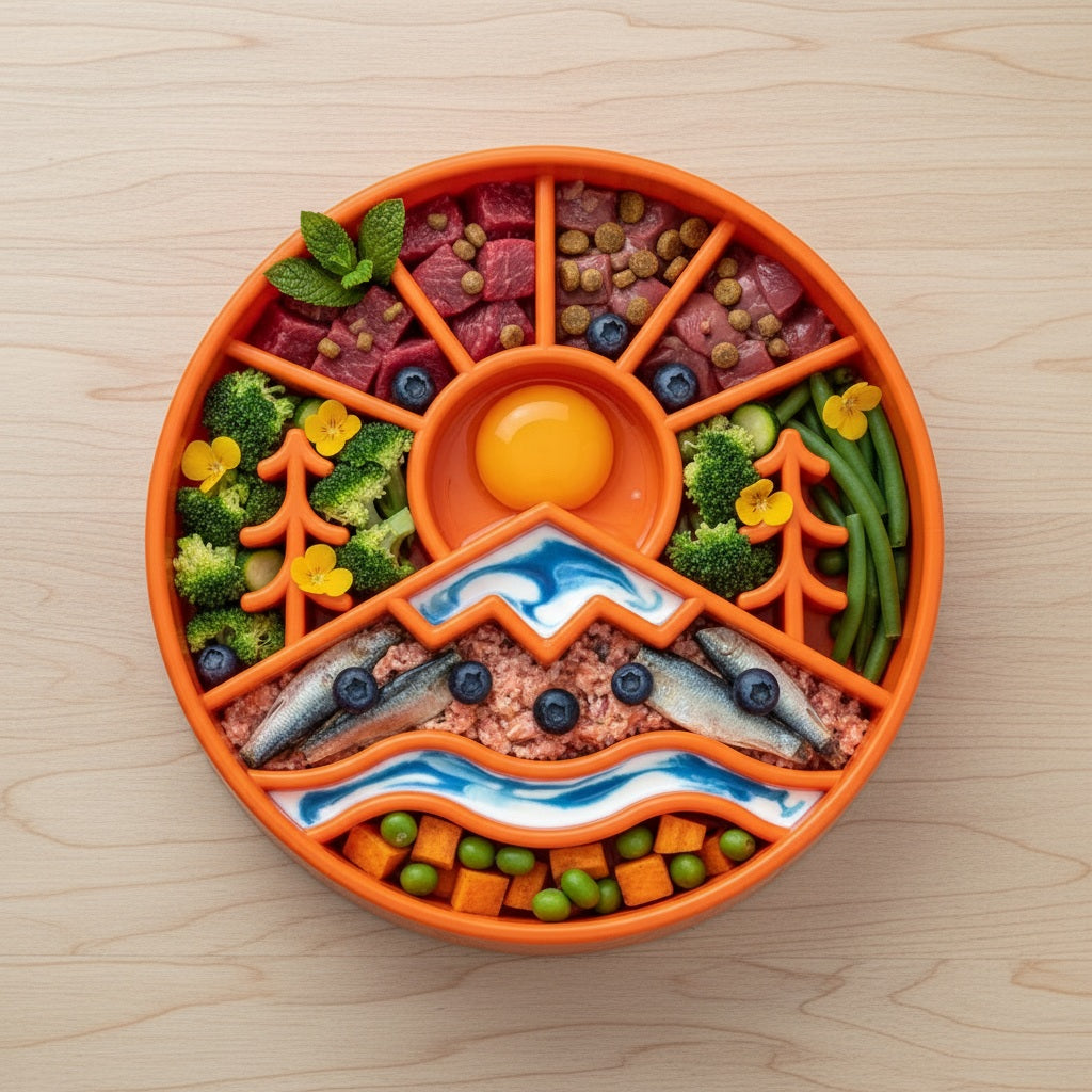 The SodaPup Great Outdoors Design EBowl Enrichment Slow Feeder Bowl for Dogs displays pet foods like veggies, fish, kibble, and egg yolk arranged landscape-style to encourage slower eating on a light wooden surface.