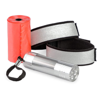 A Mobile Dog Gear Day or Night Walking Bag with a strap for dog walking and a roll of reflective tape.