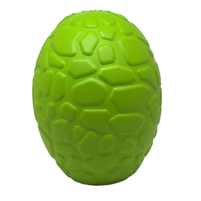 The SodaPup Dinosaur Egg EDispenser is a bright green, egg-shaped durable rubber chew toy and treat dispenser featuring a textured geometric pattern, shown against a plain white background.