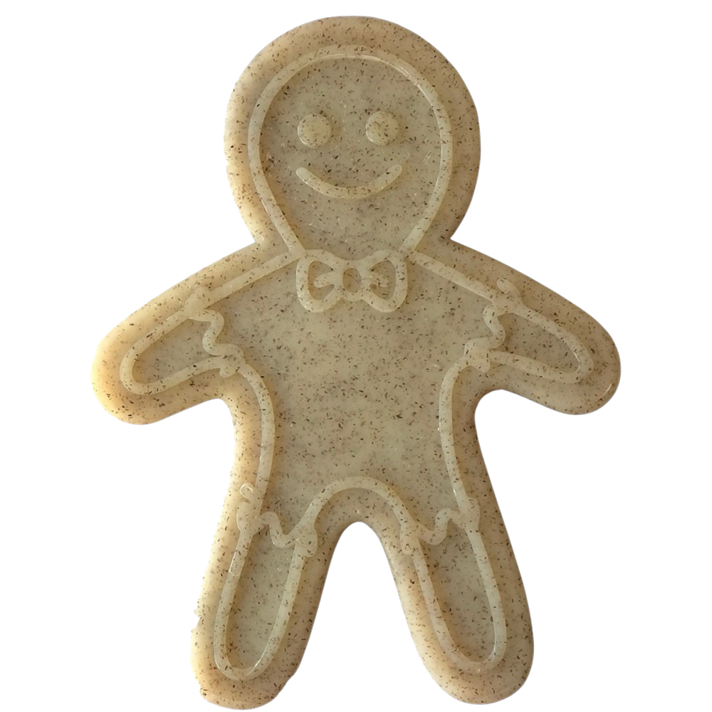 A SodaPup Gingerbread Man Ultra Durable Nylon Dog Chew Toy, shaped like a smiling gingerbread person with a bowtie and decorative details, is displayed against a plain white background.