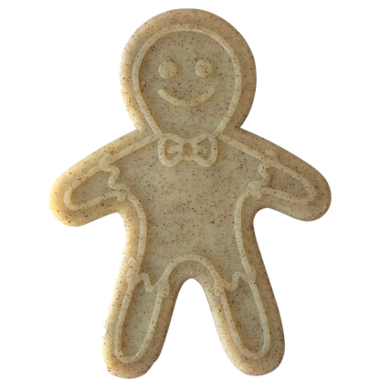 A SodaPup Gingerbread Man Ultra Durable Nylon Dog Chew Toy, shaped like a smiling gingerbread person with a bowtie and decorative details, is displayed against a plain white background.