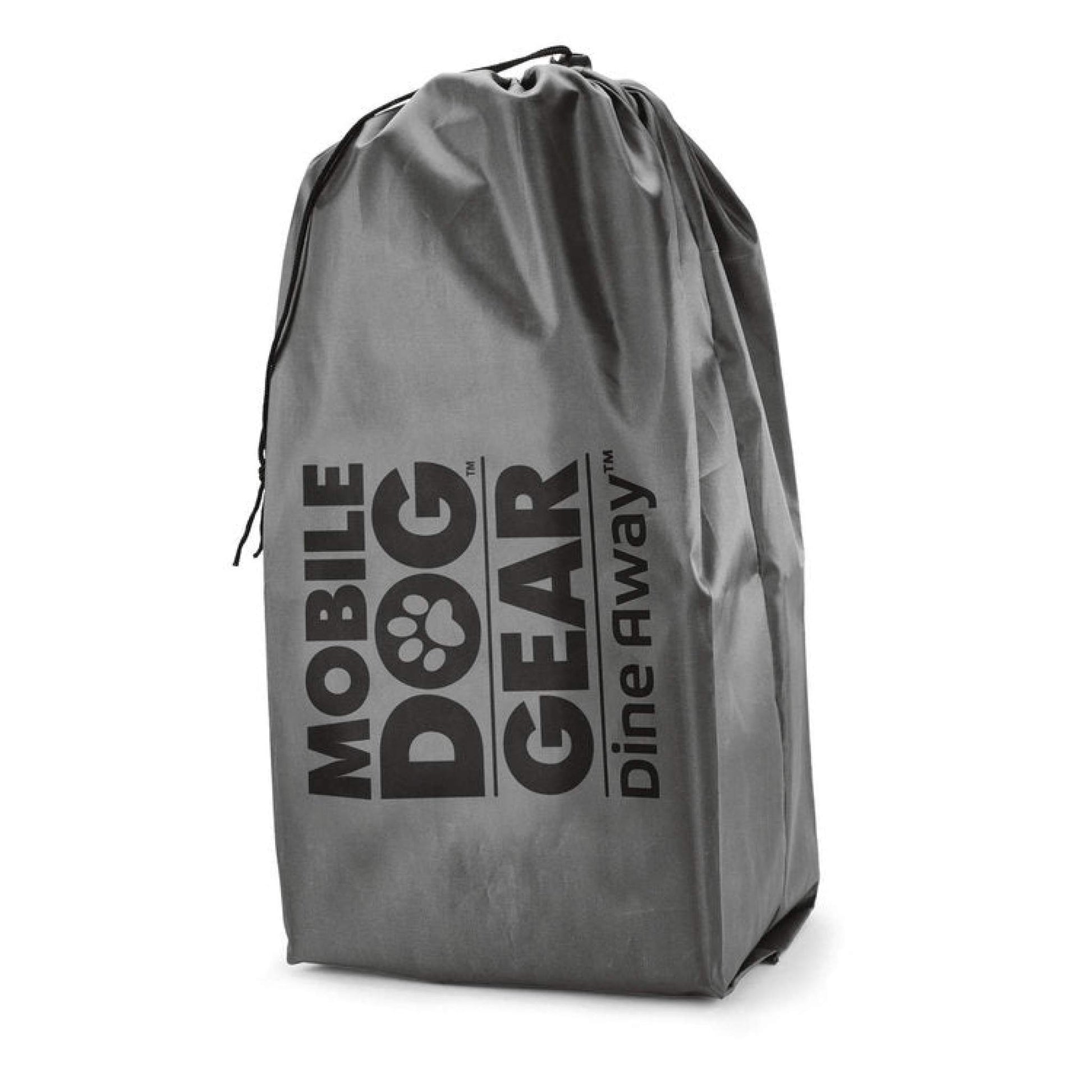 A gray cylindrical backpack with the Mobile Dog Gear Dine Away® Food Set, Large, Black printed in black, designed as a dog travel food set. It stands upright on a white background.