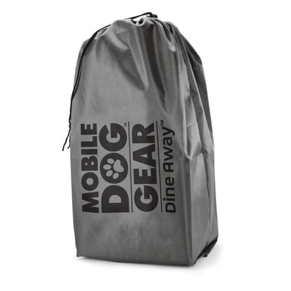 A gray cylindrical backpack with the Mobile Dog Gear Dine Away® Food Set, Large, Black printed in black, designed as a dog travel food set. It stands upright on a white background.