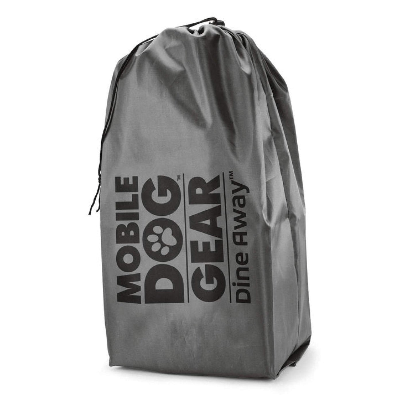 A black, vertical, portable Mobile Dog Gear Dine Away® Food Set with the logo "mobile dog gear dine away" printed on its side, standing upright on a white background.