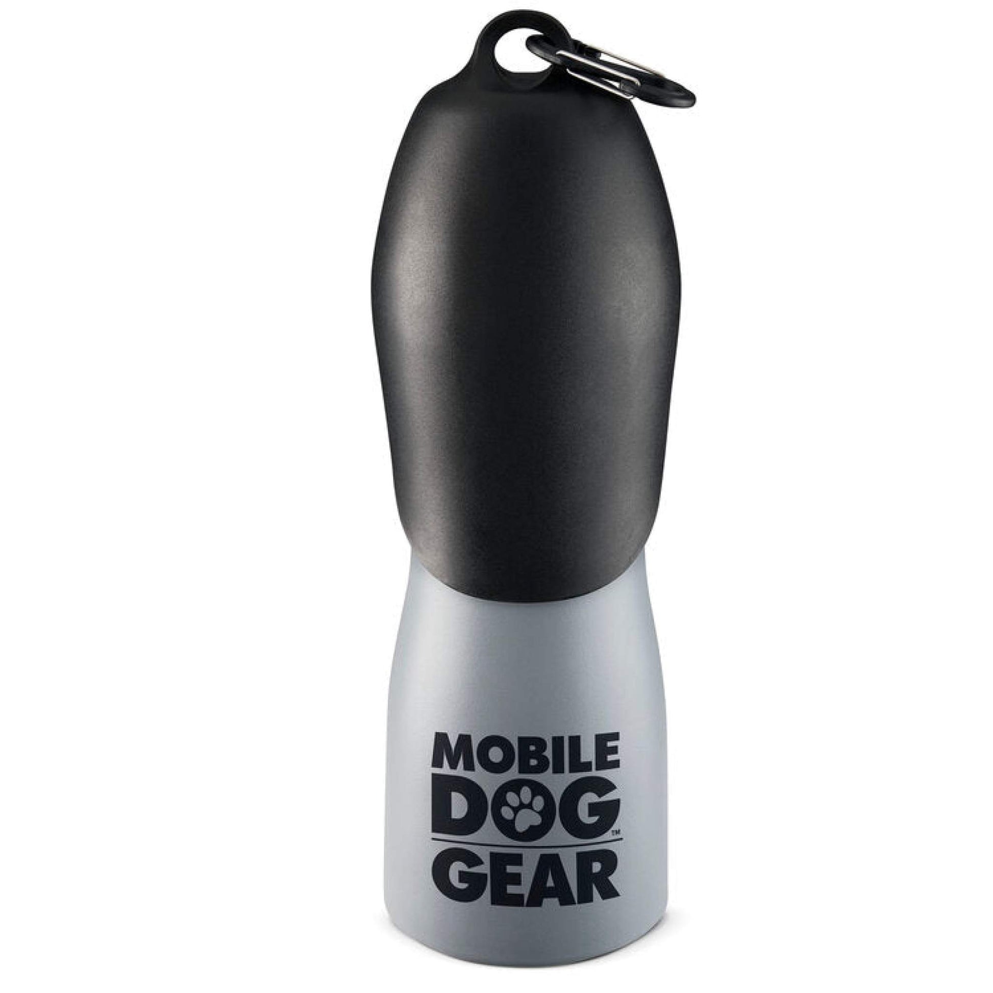 The "Mobile Dog Gear" Stainless Steel Dog Water Bottle holds 25 ounces and comes in a gray and black design. This portable water bottle for dogs features a wide black lid with a carabiner clip for easy carrying, and the lower gray part of the bottle showcases the brand's logo along with a paw print design.