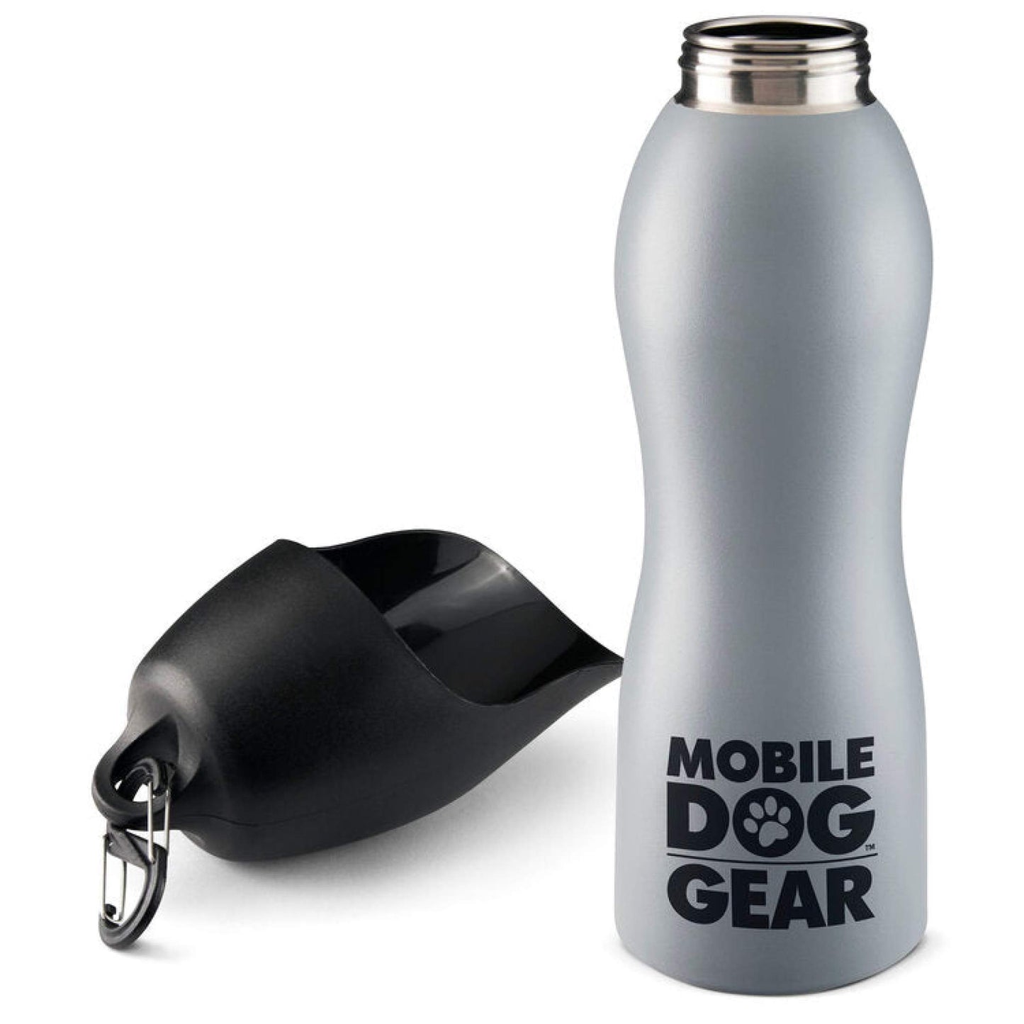 A gray water bottle with a curved design labeled "Mobile Dog Gear" in bold black letters stands upright. This 25-ounce stainless steel portable dog drinking bottle features a detached black cap that doubles as a small dog bowl, complete with a metal carabiner for easy attachment.