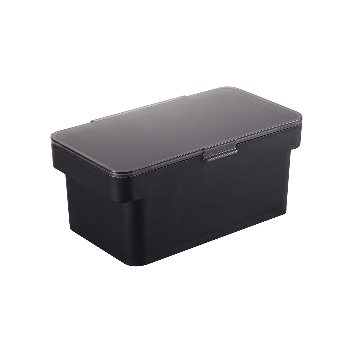 The Airtight Pet Food Container by Yamazaki Home, depicted against a white backdrop, features a sleek black rectangular design with a fitted lid. Its smooth and subtly shiny surface indicates its plastic construction. This container is ideal for preserving your pet’s food freshness, thanks to its airtight seal and includes a convenient scoop for easy serving. Available in three different sizes.