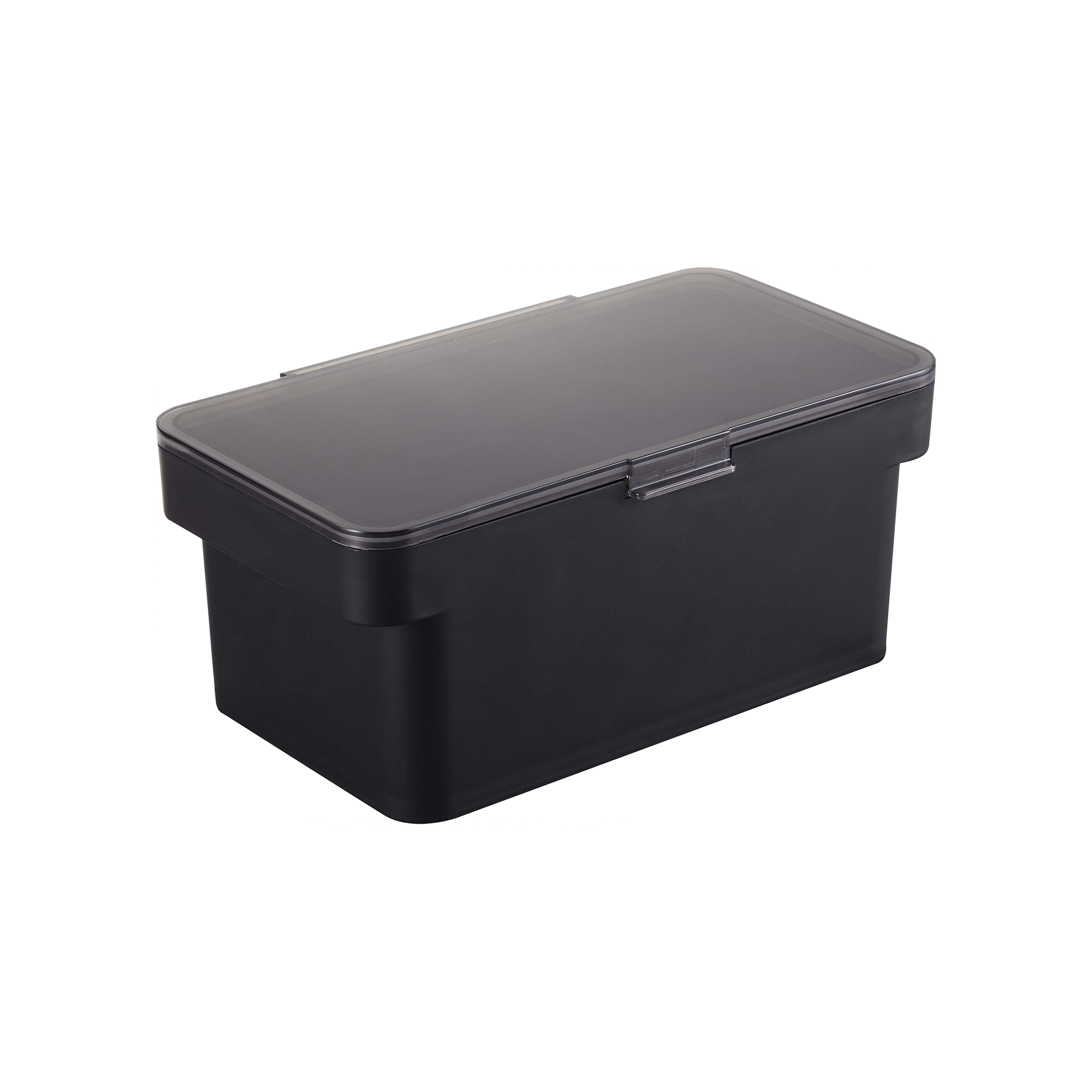 The Airtight Pet Food Container by Yamazaki Home, depicted against a white backdrop, features a sleek black rectangular design with a fitted lid. Its smooth and subtly shiny surface indicates its plastic construction. This container is ideal for preserving your pet’s food freshness, thanks to its airtight seal and includes a convenient scoop for easy serving. Available in three different sizes.