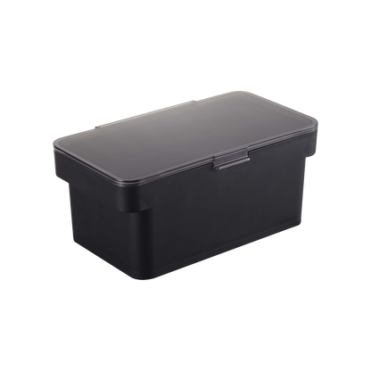 The Airtight Pet Food Container by Yamazaki Home, depicted against a white backdrop, features a sleek black rectangular design with a fitted lid. Its smooth and subtly shiny surface indicates its plastic construction. This container is ideal for preserving your pet’s food freshness, thanks to its airtight seal and includes a convenient scoop for easy serving. Available in three different sizes.