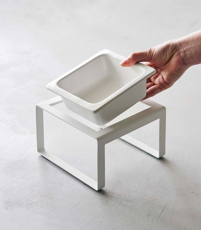 A Single Pet Food Bowl - Two Styles - Steel + Ceramic from Yamazaki Home held on top of a stand by a person.