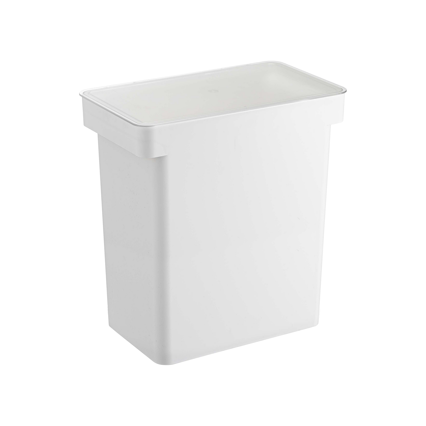 A white, rectangular Rolling Airtight Pet Food Container by Yamazaki Home, designed to hold 25 lbs and comes with a matching lid.