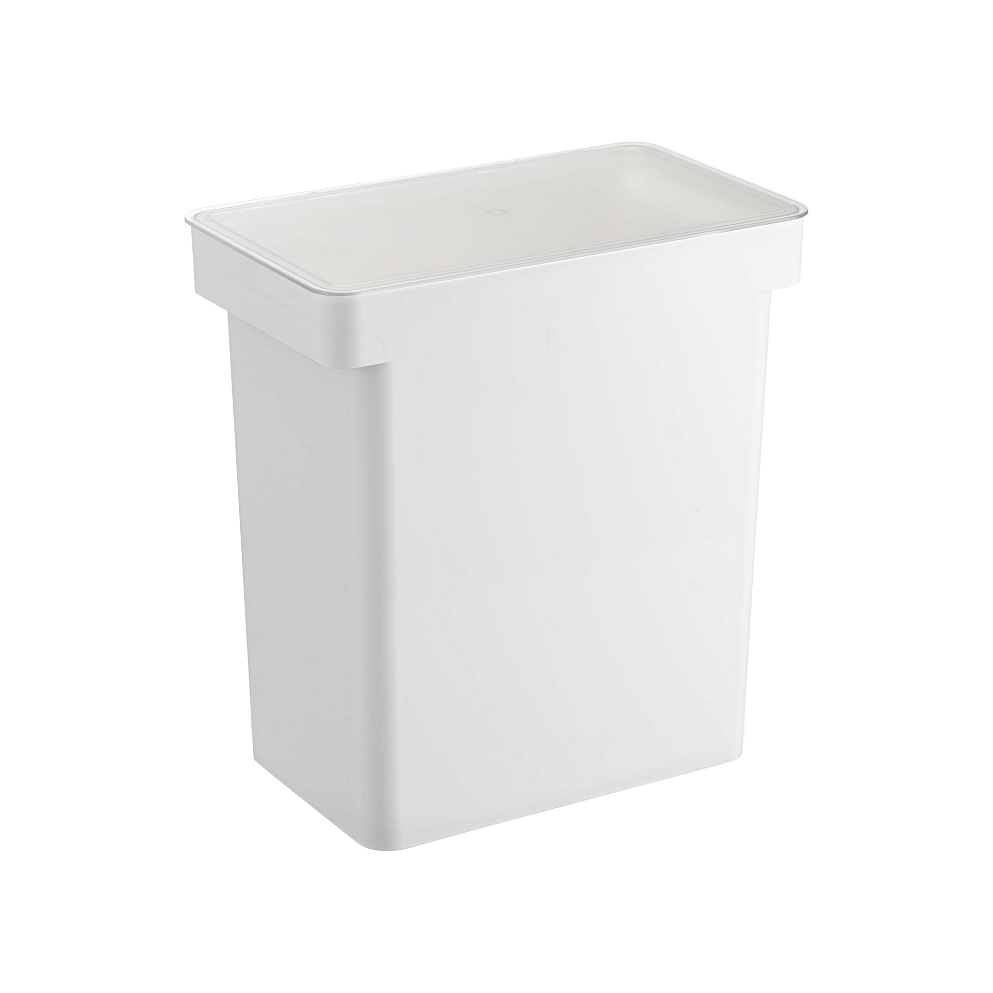 A white, rectangular Rolling Airtight Pet Food Container by Yamazaki Home, designed to hold 25 lbs and comes with a matching lid.