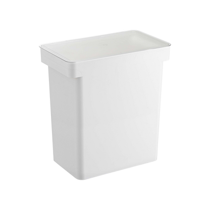 A white, rectangular Rolling Airtight Pet Food Container by Yamazaki Home, designed to hold 25 lbs and comes with a matching lid.