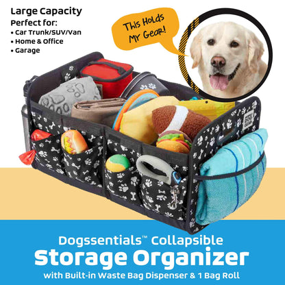 A black collapsible organizer with multiple compartments, filled with various pet accessories like toys and a blanket. The product is labeled suitable for car trunks, homes, offices, and garages. An image of a dog and a speech bubble reads, "This Holds My Gear!" Perfect as the Dogssentials Collapsible Storage Organizer by Mobile Dog Gear.