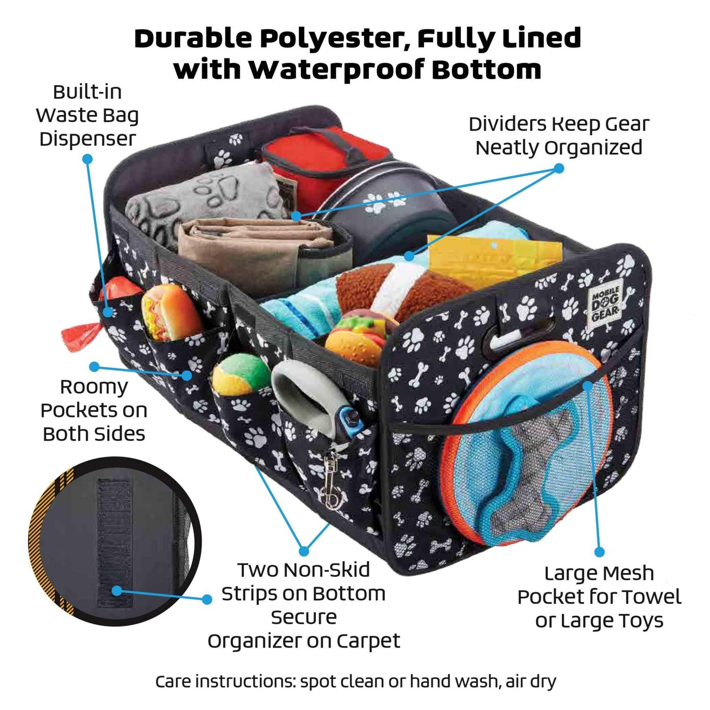 A Dogssentials Collapsible Storage Organizer by Mobile Dog Gear with a waterproof bottom and paw print design. Features include a built-in waste bag dispenser, roomy pockets on both sides, two non-skid strips, dividers, and a large mesh pocket. Contains dog toys, leash, and other accessories. Care instructions included.