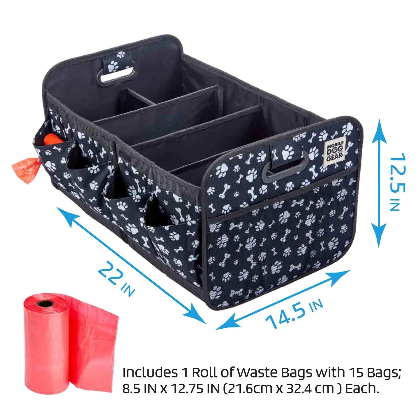 A black Mobile Dog Gear Dogssentials Collapsible Storage Organizer with white paw prints, dimensions of 22"x14.5"x12.5", featuring four sections and pockets, including a built-in waste bag dispenser with a roll of red waste bags. Text reads: "Includes 1 Roll of Waste Bags with 15 Bags; 8.5 IN x 12.75 IN (21.6cm x 32).